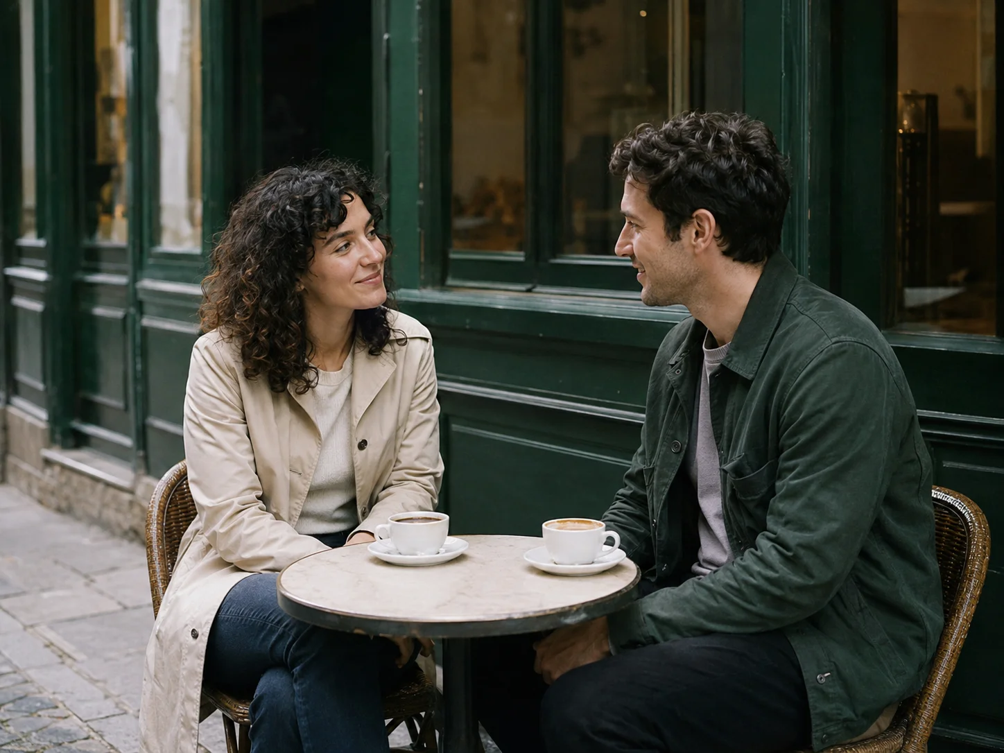 Illustrative scene of two people getting to know each other at a café